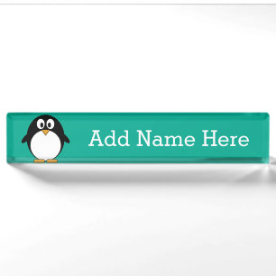 cute cartoon penguin emerald and black nameplate