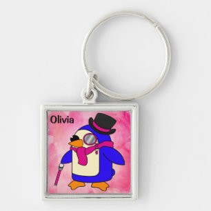 Cute cartoon penguin flowery pastel pink keychain