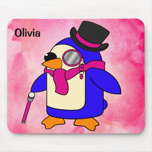 Cute cartoon penguin flowery pastel pink mouse pad (Front)