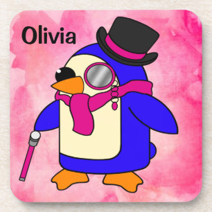 Cute cartoon penguin flowery pink coaster