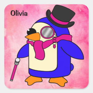 Cute cartoon penguin flowery pink square sticker