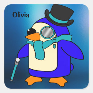 Cute cartoon penguin frosty blue square sticker