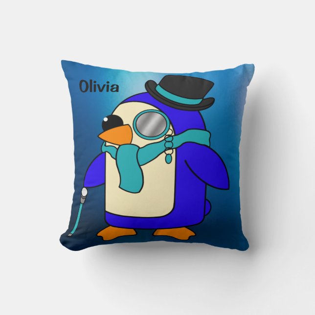 Cute cartoon penguin frosty blue throw pillow (Front)