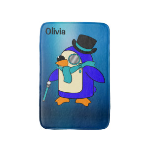 Cute cartoon penguin frosty cyan blue bath mat