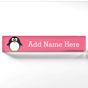 Cute Cartoon penguin Illustration Hot Pink Black Nameplate