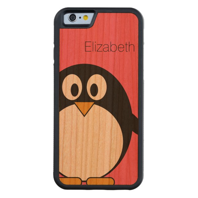 Cute Cartoon Penguin Illustration with Custom Name Carved Wood iPhone Case (Back)