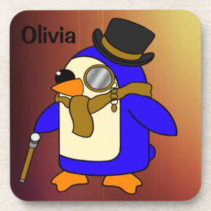 Cute cartoon penguin light leather brown coaster