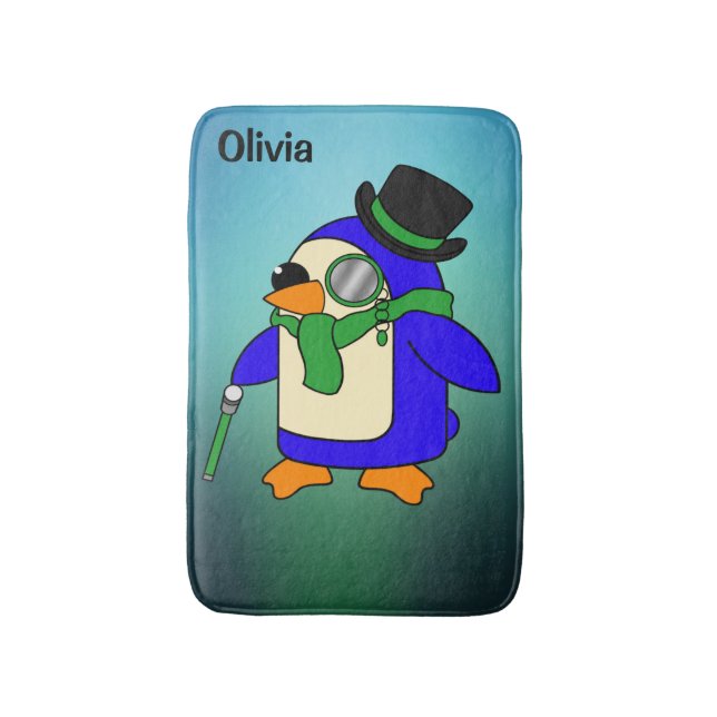 Cute cartoon penguin light teal emerald green bath mat (Front Vertical)