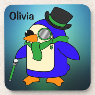 Cute cartoon penguin light teal emerald green coaster