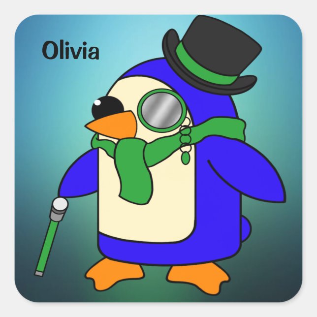 Cute cartoon penguin light teal emerald green square sticker (Front)
