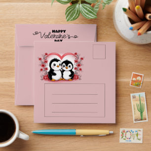 Cute Cartoon Penguin Lovers Hearts Valentine’s Day Envelope
