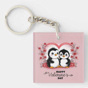 Cute Cartoon Penguin Lovers Hearts Valentine’s Day Keychain