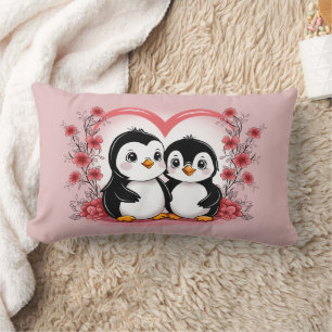 Cute Cartoon Penguin Lovers Hearts Valentine’s Day Lumbar Pillow