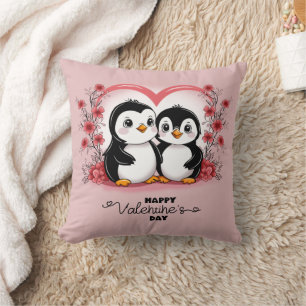 Cute Cartoon Penguin Lovers Hearts Valentine’s Day Throw Pillow