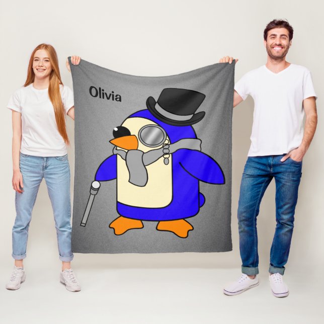 Cute cartoon penguin neutral gray fleece blanket (In Situ)