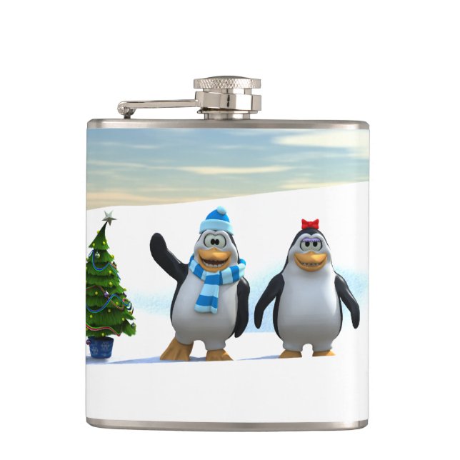 Cute Cartoon Penguin Pair with Tree Hip Flask (Front)
