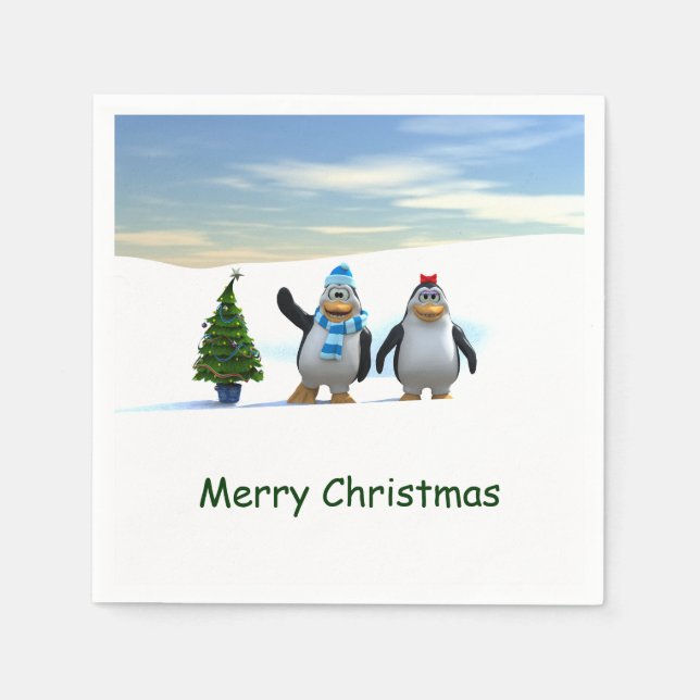 Cute Cartoon Penguin Pair with Tree Napkin (Front)
