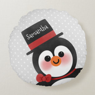 Cute Cartoon Penguin Personalized Name Round Pillow