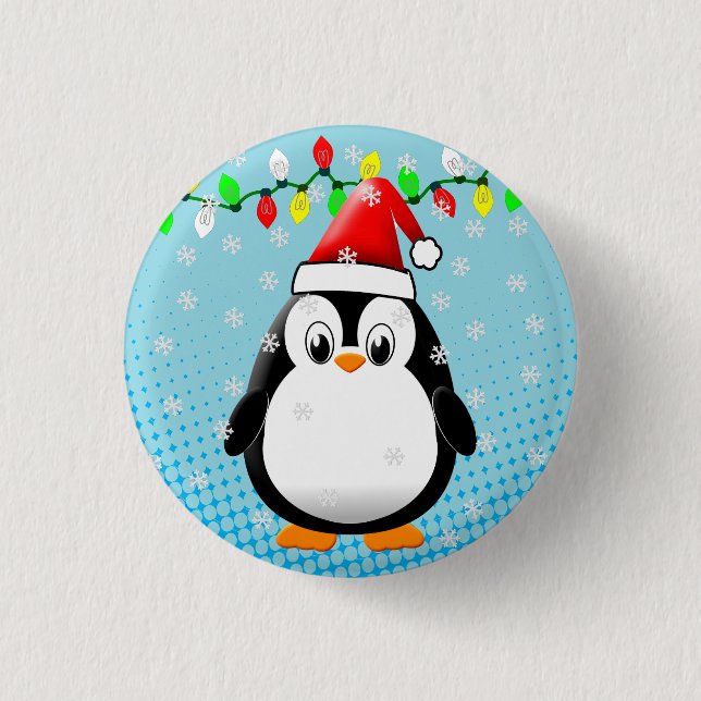 Cute Cartoon Penguin Santa Hat Christmas Lights 1 Inch Round Button (Front)