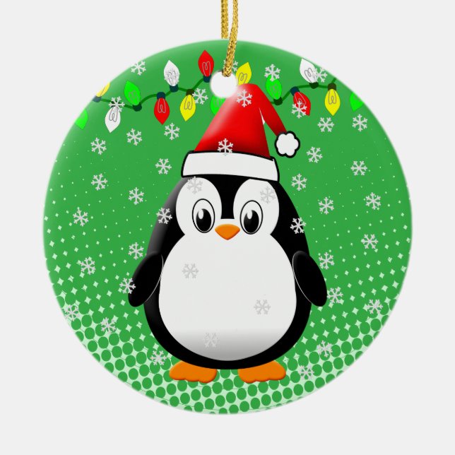 Cute Cartoon Penguin Santa Hat Christmas Lights  Ceramic Ornament (Front)