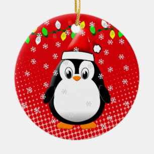 Cute Cartoon Penguin Santa Hat Christmas Lights Ceramic Ornament