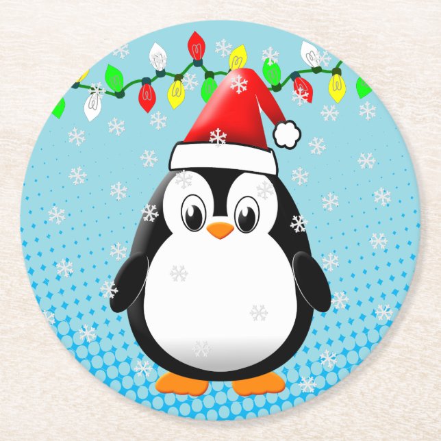 Cute Cartoon Penguin Santa Hat Christmas Lights Round Paper Coaster (Front)