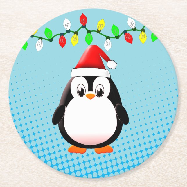 Cute Cartoon Penguin Santa Hat Christmas Lights Round Paper Coaster (Front)