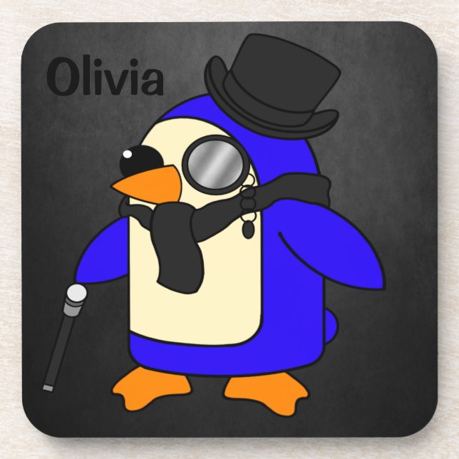 Cute cartoon penguin stylish black stone coaster (Front)