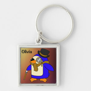 Cute cartoon penguin tanned leather brown keychain