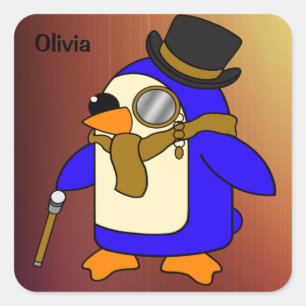 Cute cartoon penguin tanned leather brown square sticker
