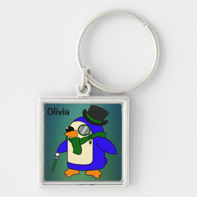 Cute cartoon penguin teal dark emerald green keychain (Front)