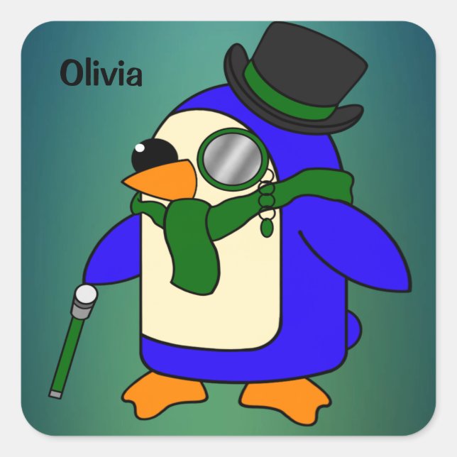 Cute cartoon penguin teal dark emerald green square sticker (Front)
