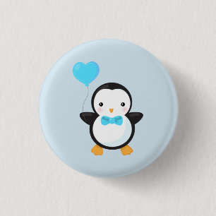Cute Cartoon Penguin w/Blue Heart Balloon 1 Inch Round Button