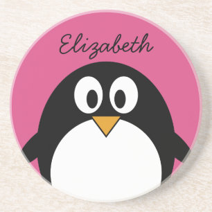 cute cartoon penguin with pink background coaster