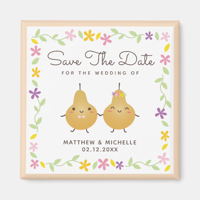 Cute Cartoon Perfect Pear Couple Elegant Wedding Magnet (Front)