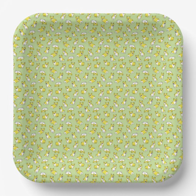 cute cartoon pet dog corgis pattern green paper plate (Front)