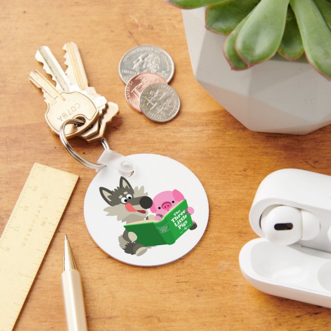 Cute Cartoon Pig And Wolf Reading a Book Keychain (Desk)
