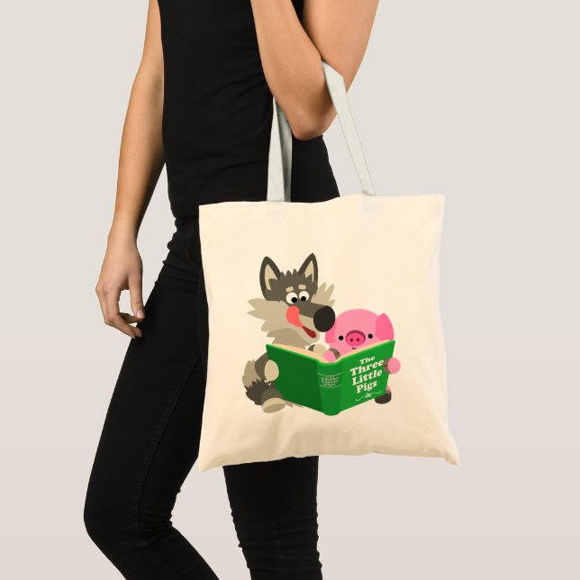 Cute Cartoon Pig And Wolf Reading a Book Tote Bag (Front (Product))