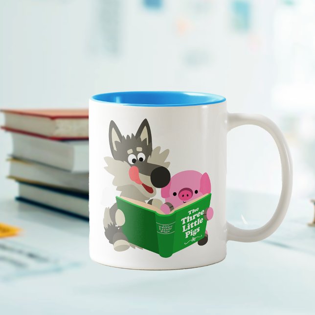Cute Cartoon Pig And Wolf Reading Together Mug (Creator Uploaded)