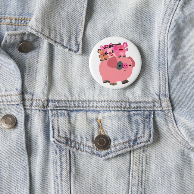 Cute Cartoon Pig Carrying Piglets 2 Inch Round Button (In Situ)