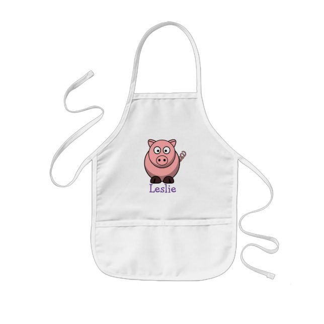 Cute cartoon pig personalized with childs name kids apron (Front)