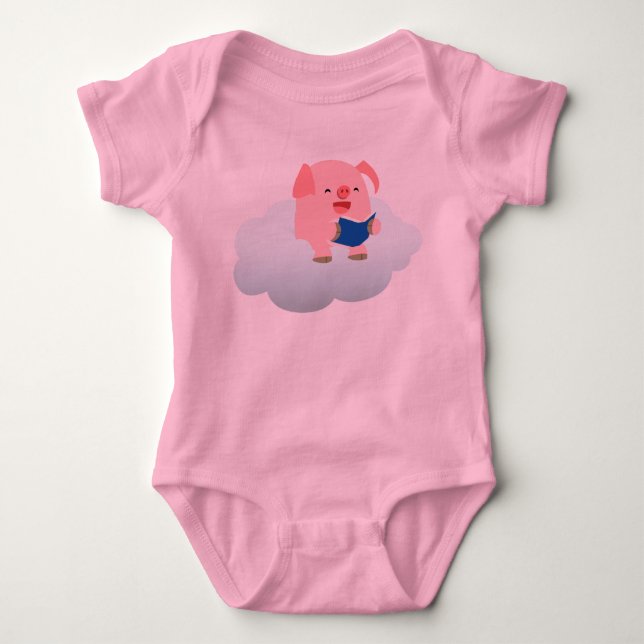 Cute Cartoon Pig Reader on Cloud Baby Bodysuit (Front)