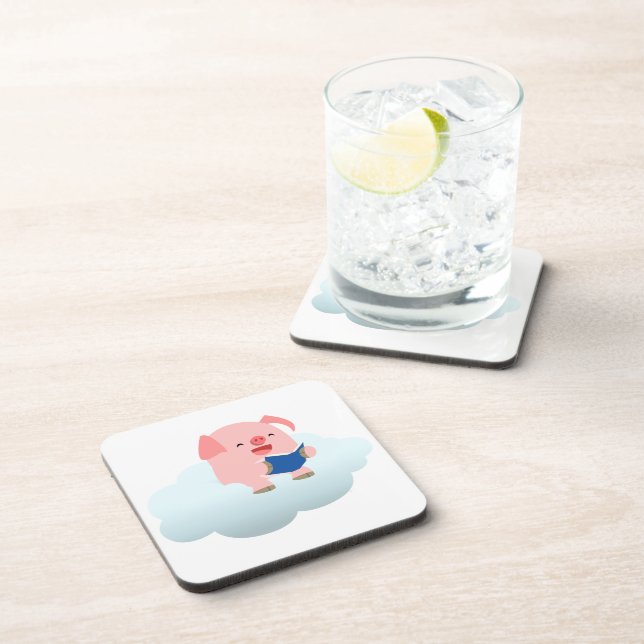 Cute Cartoon Pig Reader on Cloud Coasters Set (Right Side)