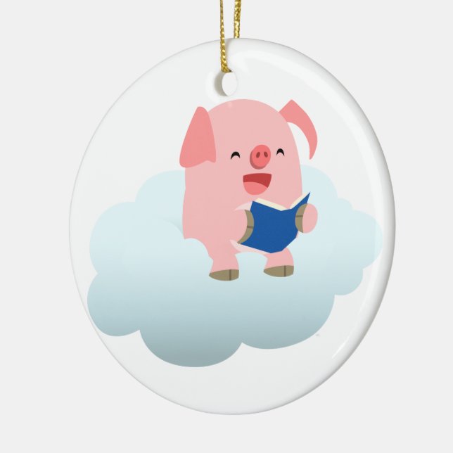 Cute Cartoon Pig Reader on Cloud Ornament (Left)