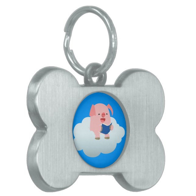 Cute Cartoon Pig Reader on Cloud Pet Tag (Front Left)
