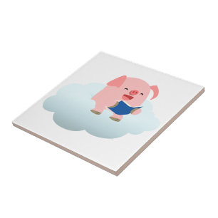 Cute Cartoon Pig Reader on Cloud Tile
