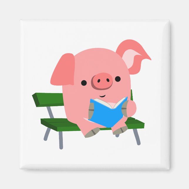 Cute Cartoon Pig Reading on a Bench Magnet (Front)