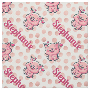 Cute Cartoon Pig, Rose Gold Dots and Custom Name Fabric