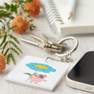 Cute Cartoon Pig With Gift (Blue) Acrylic Keychain