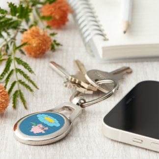 Cute Cartoon Pig With Gift (Blue) Metal Keychain